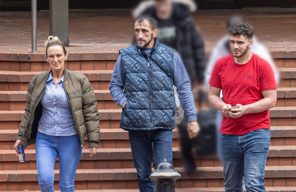 Ellen Sweeney, Thomas Sweeney senior, and Thomas Sweeney junior leave Birmingham Crown Court.