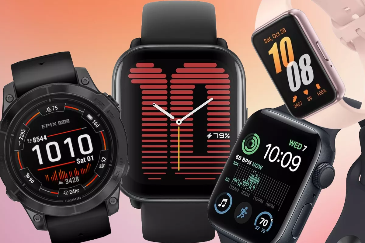 Fitness watches on multicoloured background