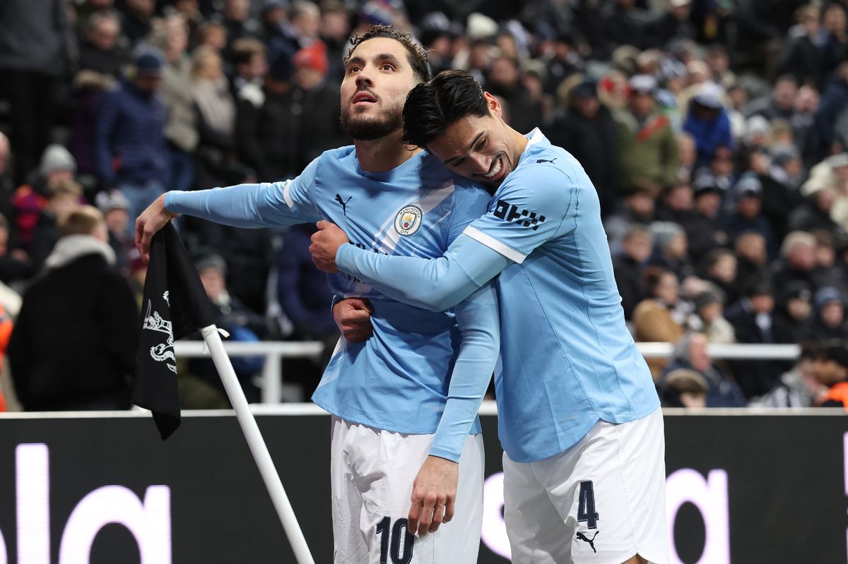 Rayan Cherki celebrates after scoring their side's second goal during the Carabao Cup Semi Final First Leg match between Newcastle United and Manchester City at St James' Park. 