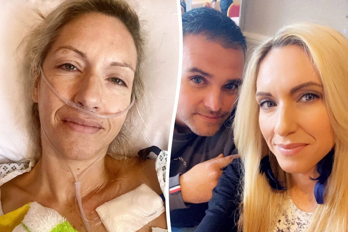 Alt text: A composite image showing a woman in a hospital bed with medical equipment attached to her, and another woman standing beside a man, both smiling.