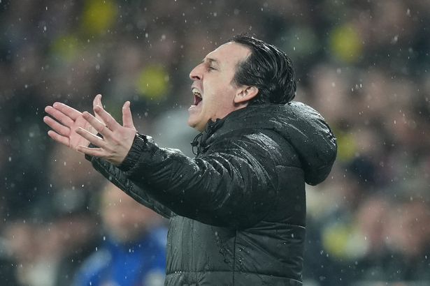 Aston Villa manager Unai Emery gestures on the touchline.