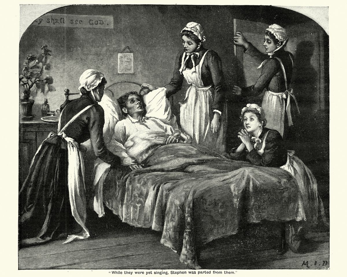 Victorian-era illustration of nurses gathered around sick man's bedside