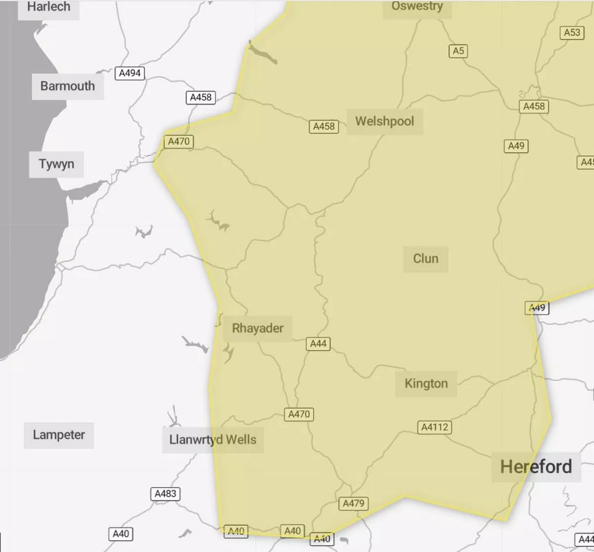 A yellow weather warning has been issued across mid Wales