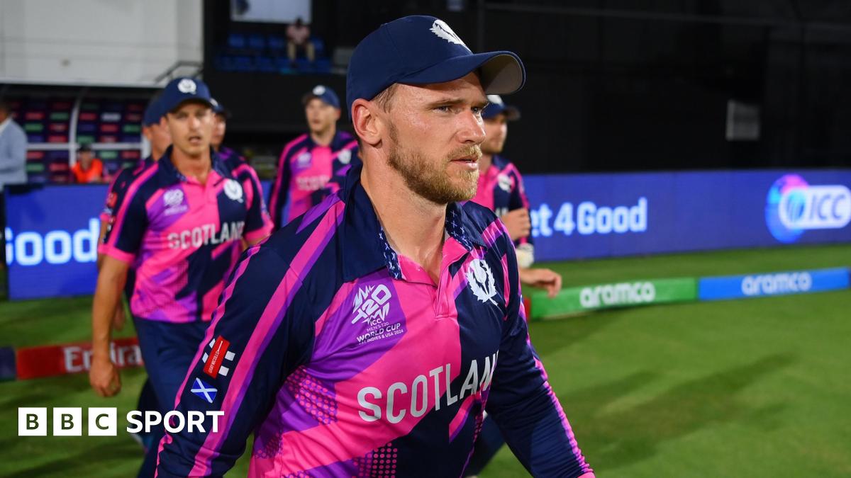 Richie Berrington leads his Scotland players out during a match at the 2024 T20 World Cup against Australia