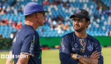 Shaun Pollock and Sourav Ganguly of Pretoria Capitals chat before a game