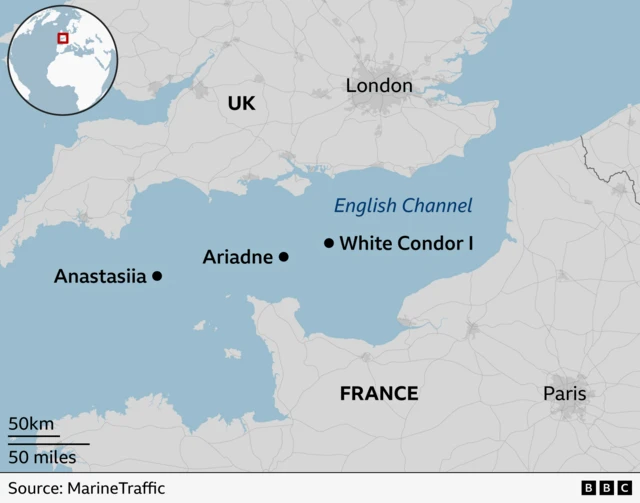 A map of the channel with the positions of the three ships marked. White Condor I is the furthest east, followed by Ariadne and then Anastasiia