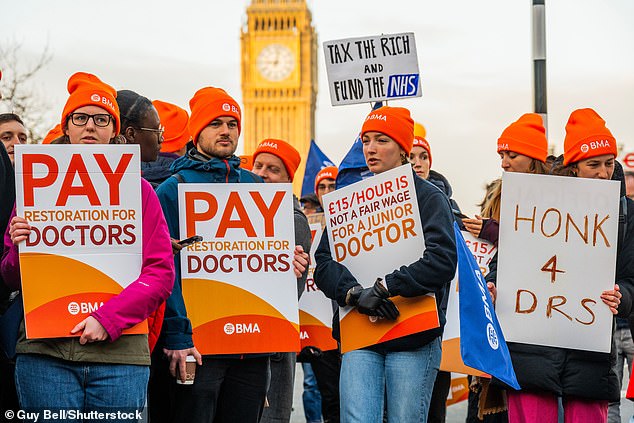 Resident doctors on a picket line at St Thomas' Hospital in London in December