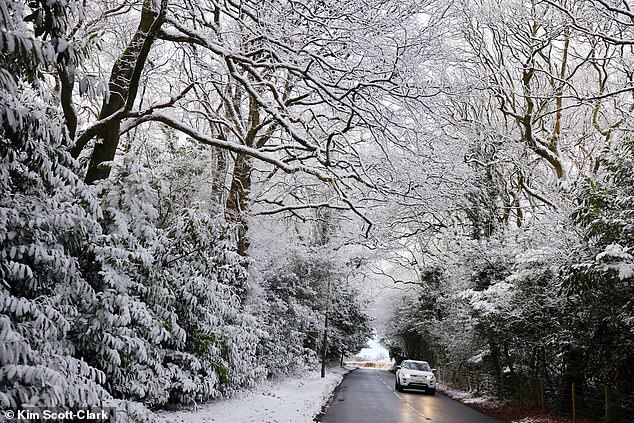 Snow in the village of Tatsfield in Surrey on Friday morning as weather warnings are imposed