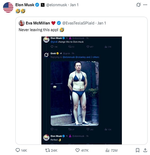 Elon Musk appears to be aware of the technology being used to undress people after he posted a picture of himself in a bikini with laughing emojis