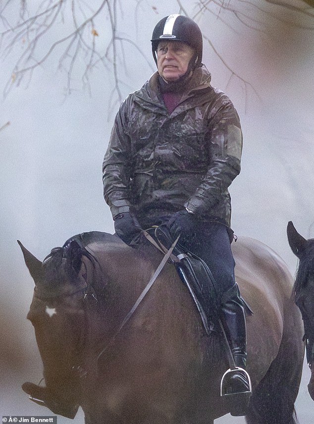 Andrew Mountbatten-Windsor still enjoys riding, pictured in the torrential rain close to Royal Lodge, but is said to spend more time watching TV or playing video games