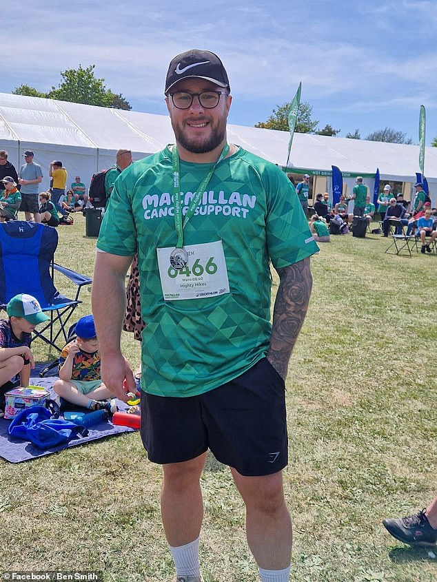 Ben Smith, 29, pictured after running a half marathon last summer, has been told his BMI of 34 - which suggests he is obese - means his fiancée, Beth Harman, 27, cannot use his sperm for IVF