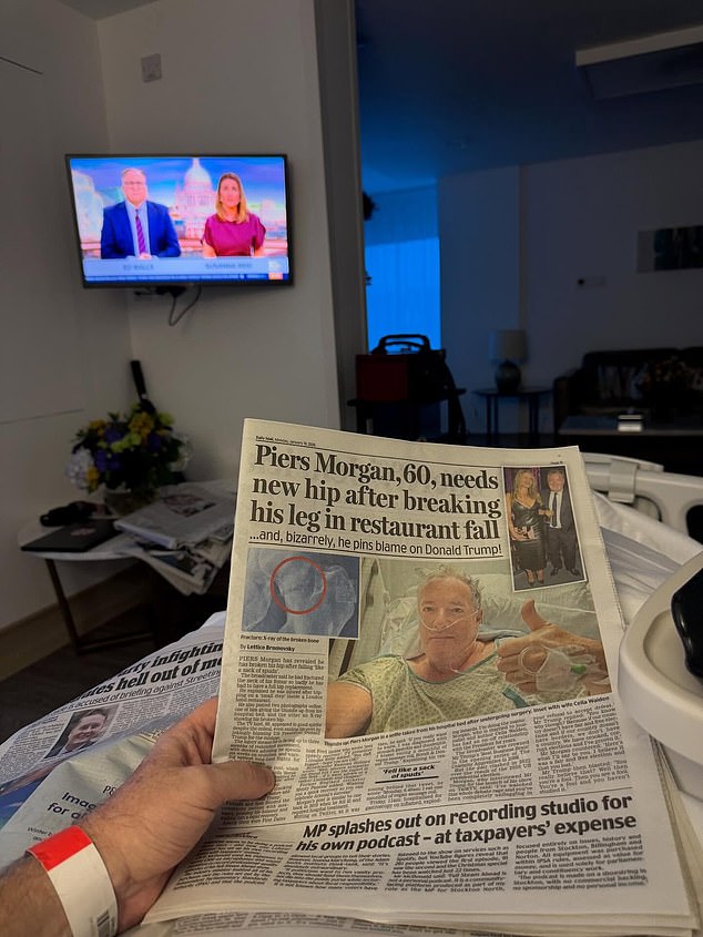 As word of Piers' hip made the news, messages from friends including former prime ministers Gordon Brown and Rishi Sunak, Dame Joan Collins and Sir Rod Stewart flooded in