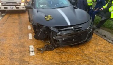 The offside tyre of Tottenham forward Randal Kolo Muani's black Ferrari blew out on Tuesday