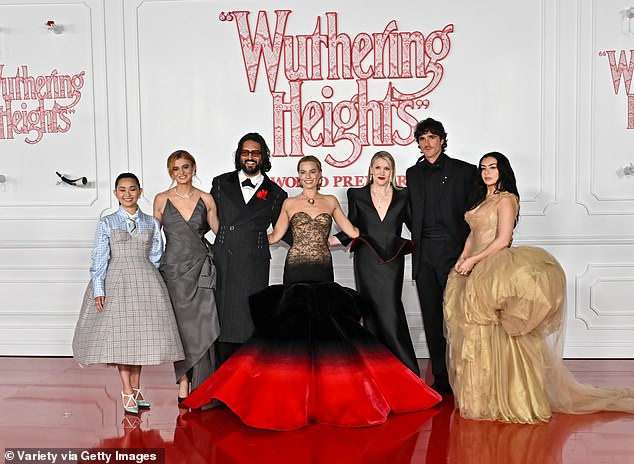 The cast and crew gathered for group snap; (L-R) Hong Chau, Alison Oliver, Shazad Latif, Margot Robbie, Emerald Fennell, Jacob Elordi and Charli xcx