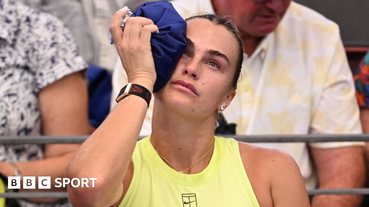 Aryna Sabalenka holds an ice pack to her head during her victory over Sorana Cirstea at the Brisbane International
