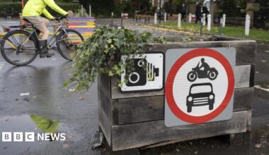 LTN box with a plant, camera sign and a red symbol with car and motorbike inside in the foreground. Behind, a cyclist goes past