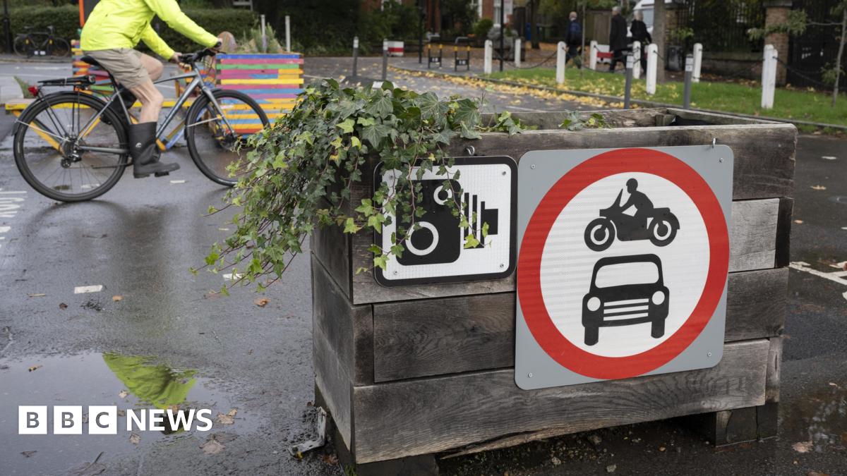 LTN box with a plant, camera sign and a red symbol with car and motorbike inside in the foreground. Behind, a cyclist goes past