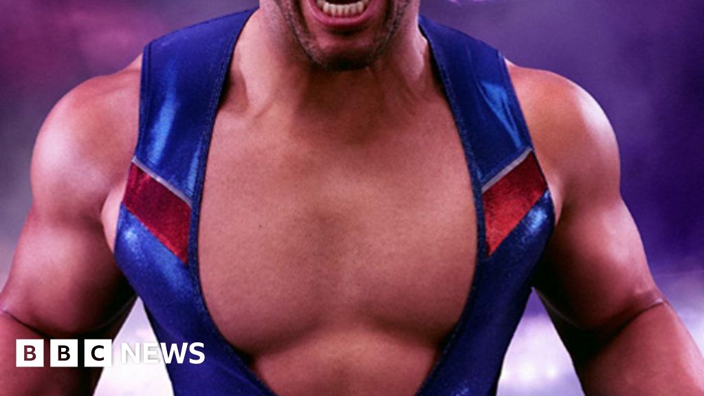 A man flexes his muscles in a tight leotard which is open at the chest