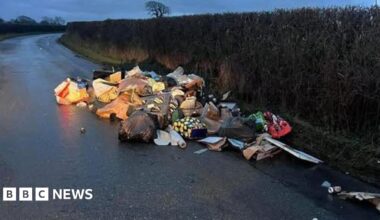 The rubbish on the side of the country road near Newman School in Carlisle. The items are in bags of different colours and sizes, including some black bin bags and shopping bags, as well as lose items. The road is flanked by hedges.