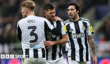 Bruno Guimaraes reacts after suffering an injury in Newcastle United's game against PSV Eindhoven at St James' Park on 21 January, 2026