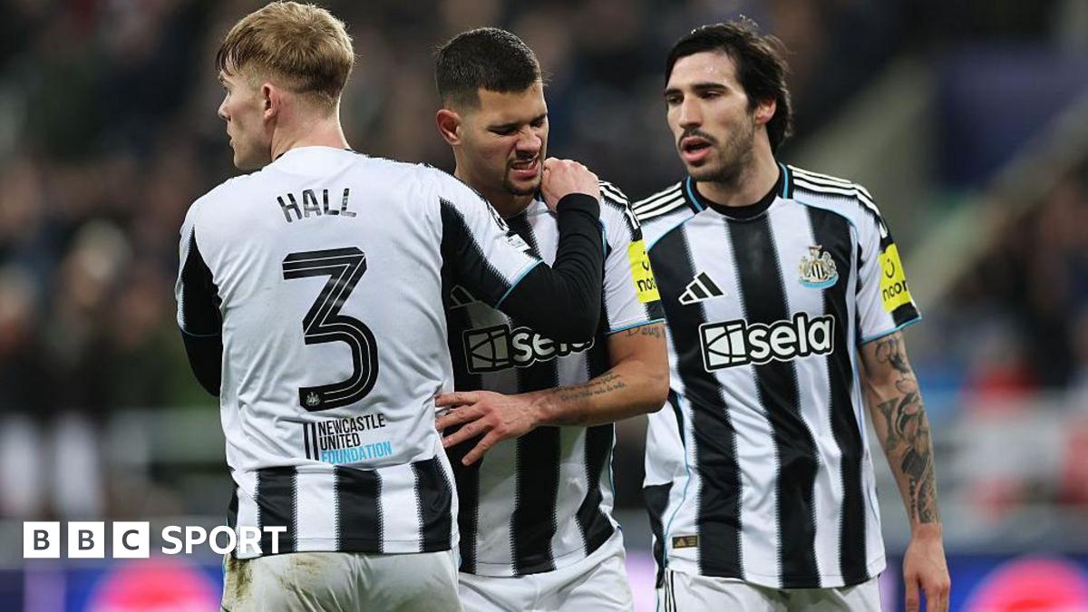 Bruno Guimaraes reacts after suffering an injury in Newcastle United's game against PSV Eindhoven at St James' Park on 21 January, 2026