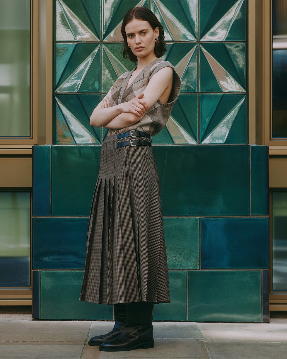 Houndstooth Pleat Midi Skirt