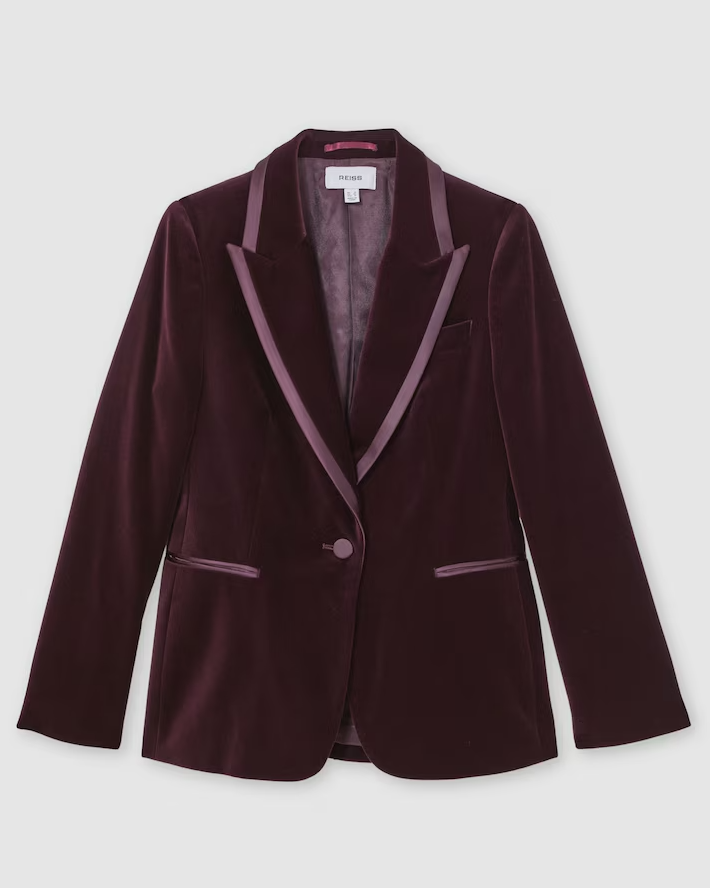 Elia Velvet Single-Breasted Suit Blazer in Burgundy