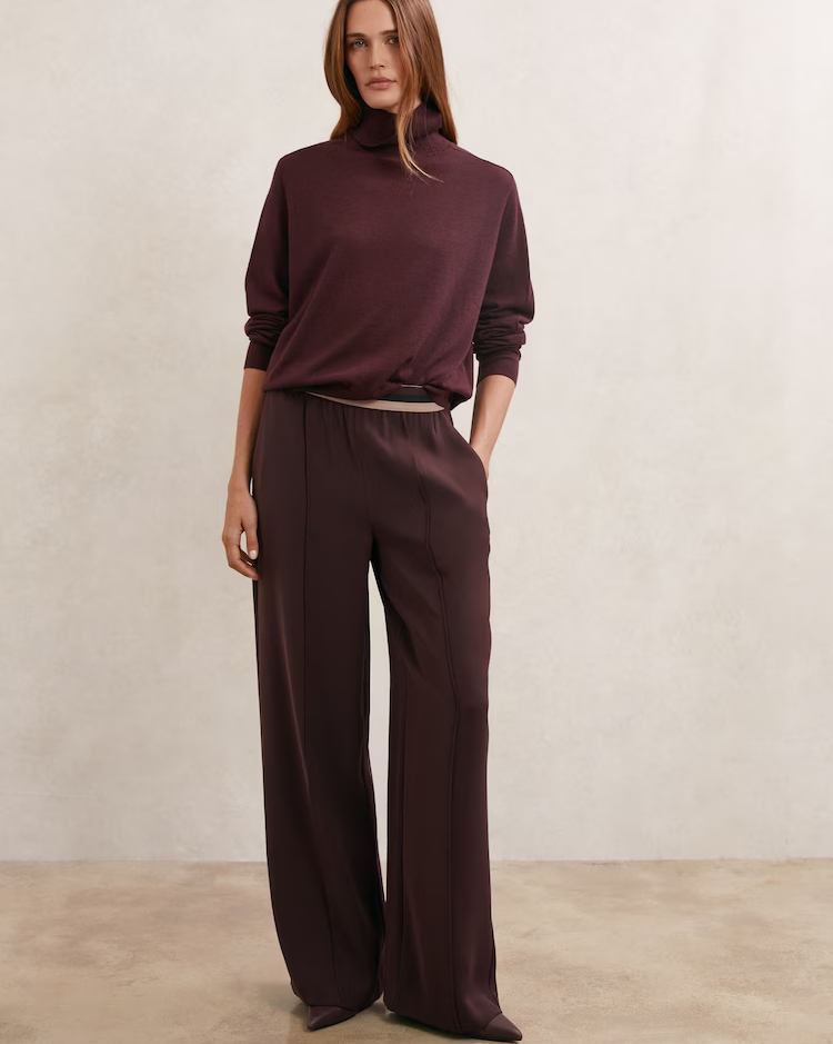 Sonnie Elasticated-Waist Wide-Leg Trousers in Burgundy