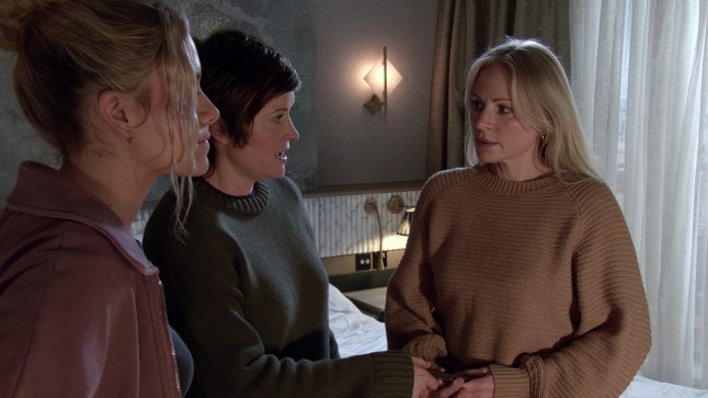 Becky, Besty and Lisa standing together in Corrie