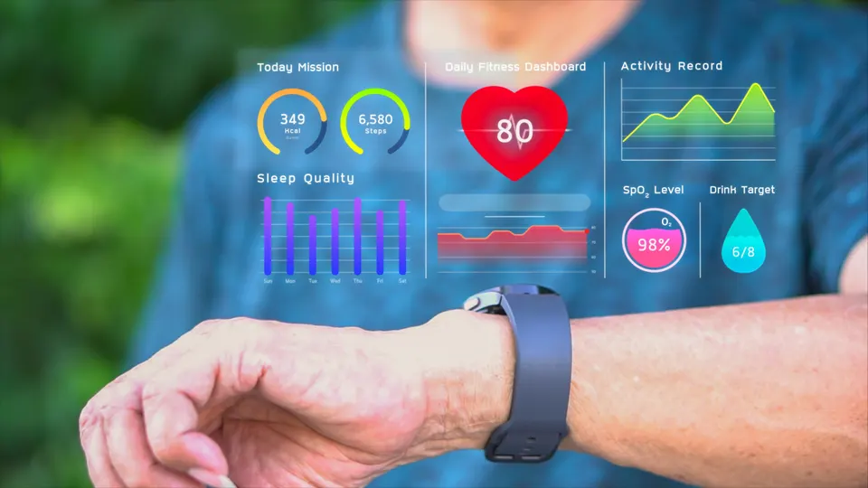 Senior man using AI smartwatch with futuristic hologram infographic display, hi-tech medical watch technology for diagnosis physical health condition, retire elderly doing exercise scanning heart rate