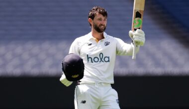 Sam Whiteman raises his bat to celebrate scoring a century in the Sheffield Shield