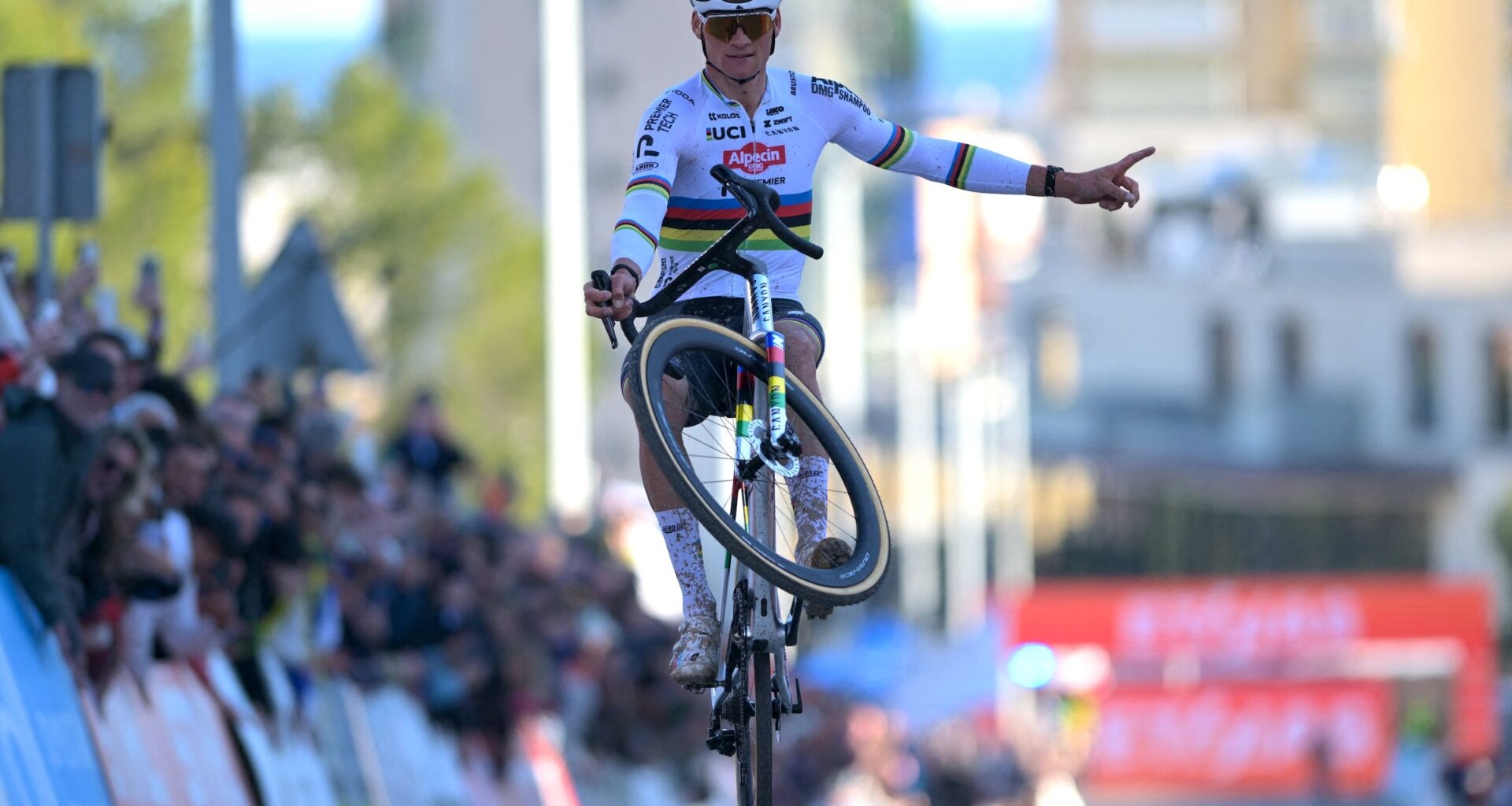 Mathieu Van Der Poel celebrates as he wins wins the Benidorm round of the cyclocross World Cup on Sunday 18 January 2026 (Photo: David Pintens / Belga Mag via AFP)