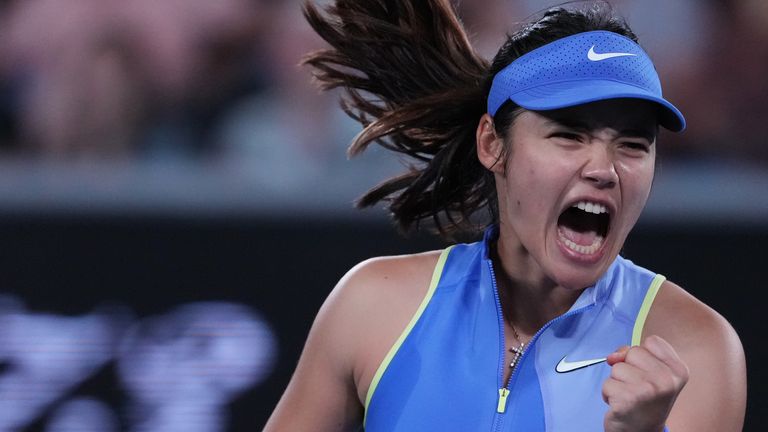 Emma Raducanu of Britain reacts after winning a point against Mananchaya Sawangkaew of Thailand during their first round match at the Austra