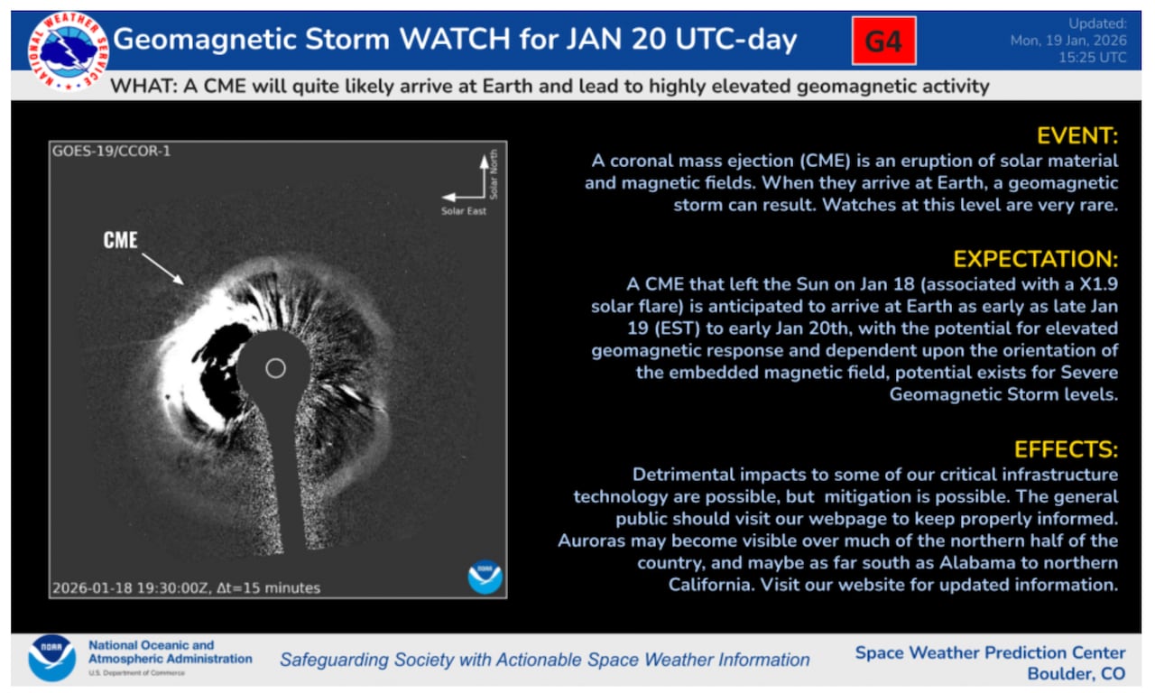 An image shows particles being shot out from the sun, with explanations about the event and expectations.
