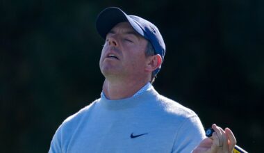 Rory McIlroy of Northern Ireland reacts after missing a putt on the 15th hole during the first round of the Dubai Desert Classic in United Arab Emirates Thursday, Jan. 22, 2026. (AP Photo/Altaf Qadri)