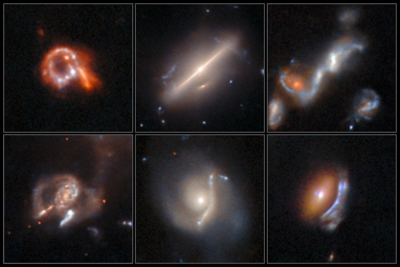 Six Hubble images of distorted galaxies are organized in a two-row mosaic. From left to right, the top row of galaxies appears as follows: The left panel has a galaxy that resembles the number nine tilted on its side to the left and has red-orange regions scattered with blue knots. The center square shows an edge-on spiral galaxy appearing like a white thin bar extending from 8 ou2019clock to 2 ou2019clock. It has a bright, compact core and a small background spiral galaxy just below the core. The right panel shows two merging galaxies forming a convoluted shape that extends from 8 ou2019clock to 2 ou2019clock. The bottom row of galaxies appears as follows: Left square contains a face-on spiral with faint, broad arcs of material to its left and right. The center panel has a hazy white, face-on spiral with a lumpy vertical line to its right that appears to curve around its core. The right panel shows an orange elliptical galaxy with a lumpy blueish galaxy curving around it to the right.
