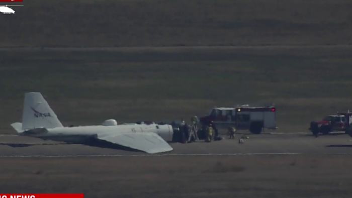 NASA plane makes belly landing at Ellington Airfield in Houston