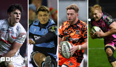 Scarlets' Eddie James, Cardiff's Callum Sheedy, Dragons' Angus O'Brien and Ospreys' Iestyn Hopkins in action