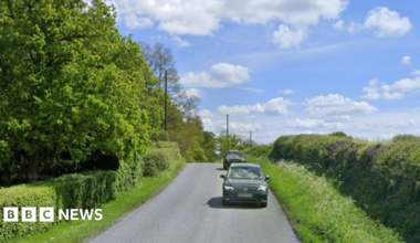 A google street view imagine of a country lane on a sunny day, with two cars travelling towards the viewer