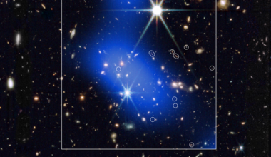 Image of the JADES-ID1 system, with the blue diffuse light showing the location of the diffuse X-ray emission observed with Chandra and the circles showing the location of galaxies discovered with JWST. Credit: NASA, Bodgan et al.