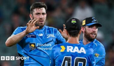 Jamie Overton is congratulated by team-mates after taking a wicket for Adelaide Strikers