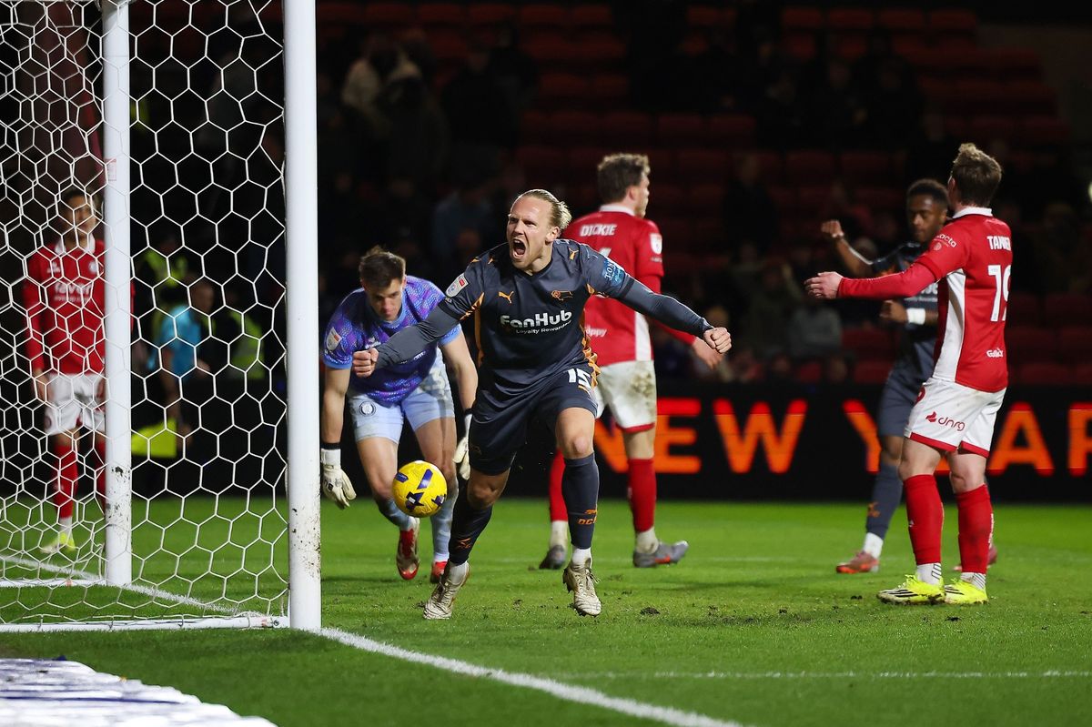 Lars-Jorgen Salvesen celebrates Derby County's fifth goal against Bristol City.