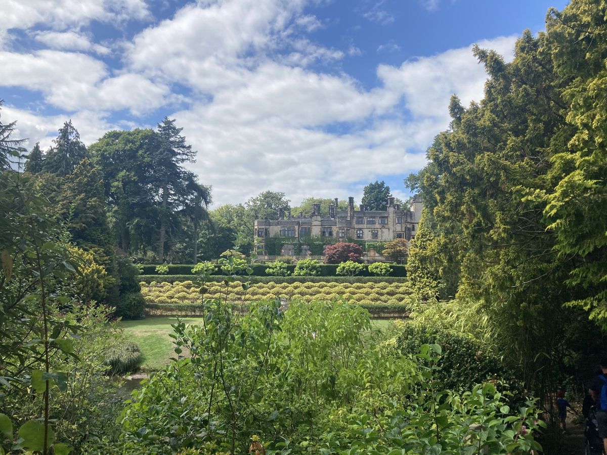 A view of the Thornbridge Hall stately home looking out from across the gardens