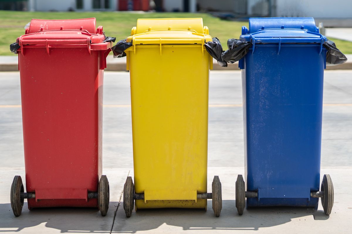 Garbage bin in the outdoor. Garbage trash bins for waste segregation. Separate waste collection food waste, infection, biodegradable, non biodegradable and recycle trash bin.