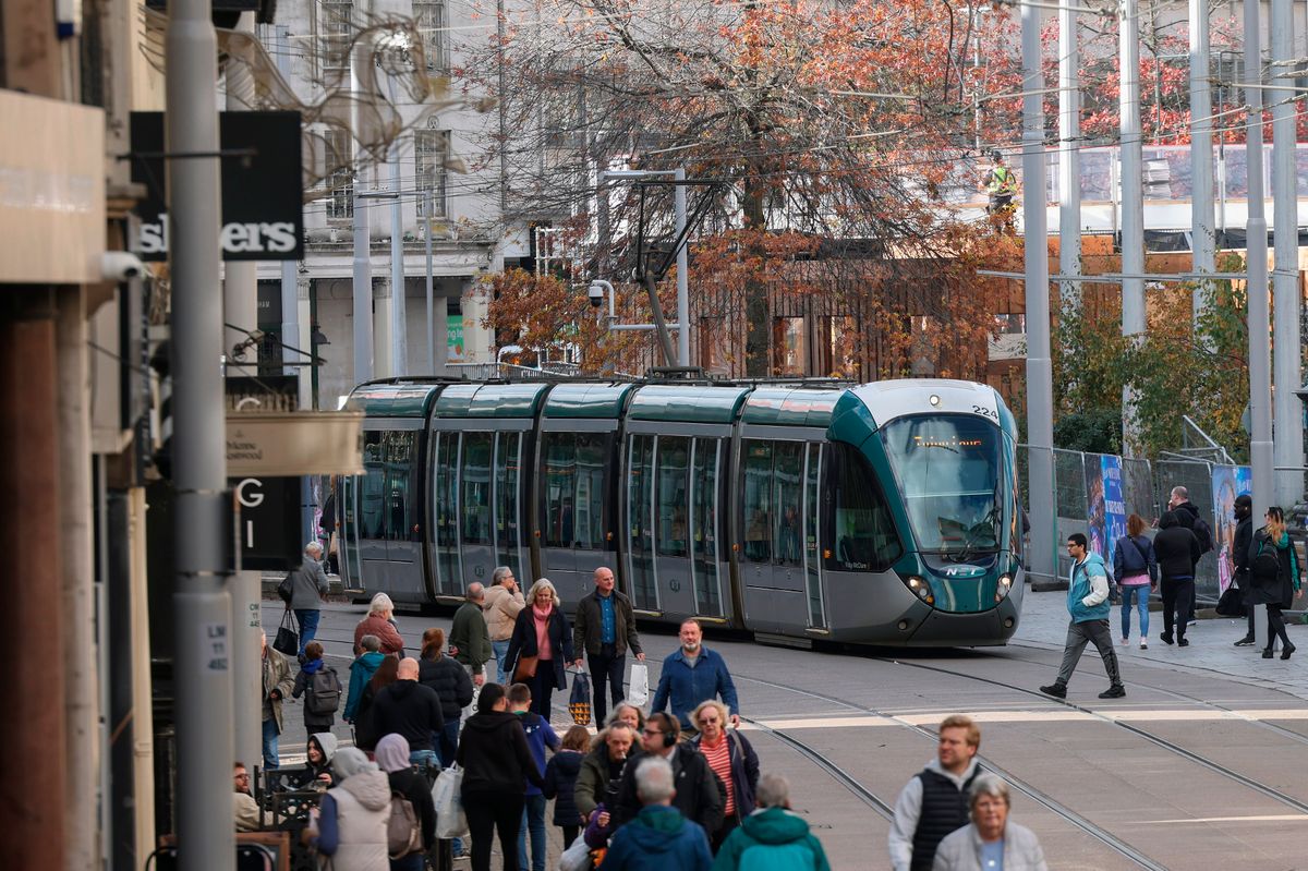 A tram pictured in Old Market Square, Nottingham city centre