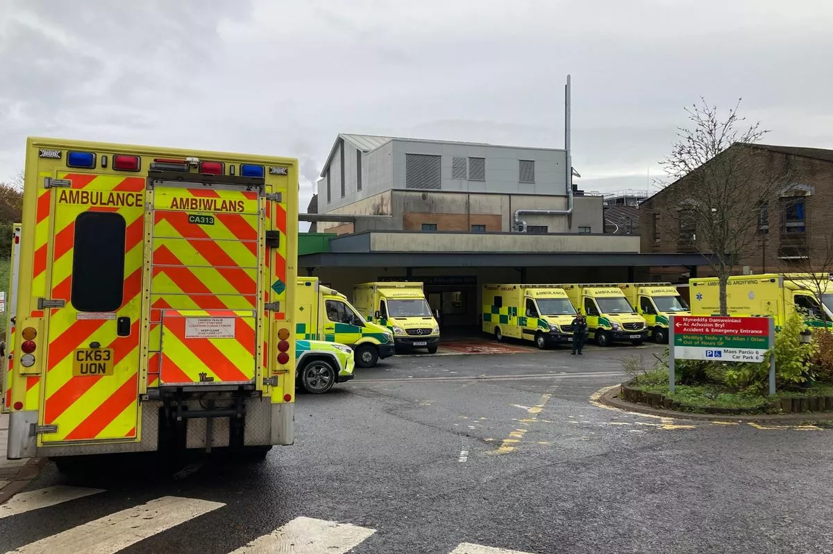 Ambulances wait outside A&E at Morriston Hospital.