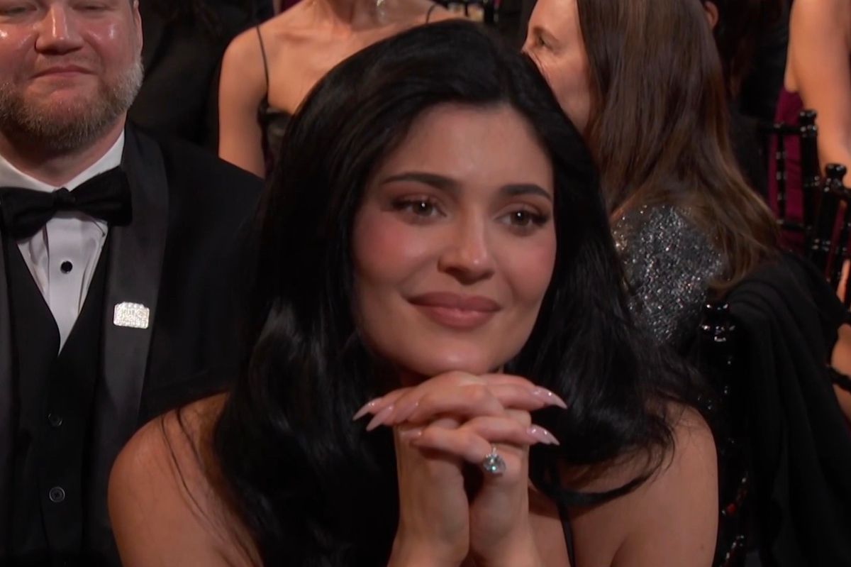 Kylie Jenner reacts as Timothee Chalamet declares his love for her on stage