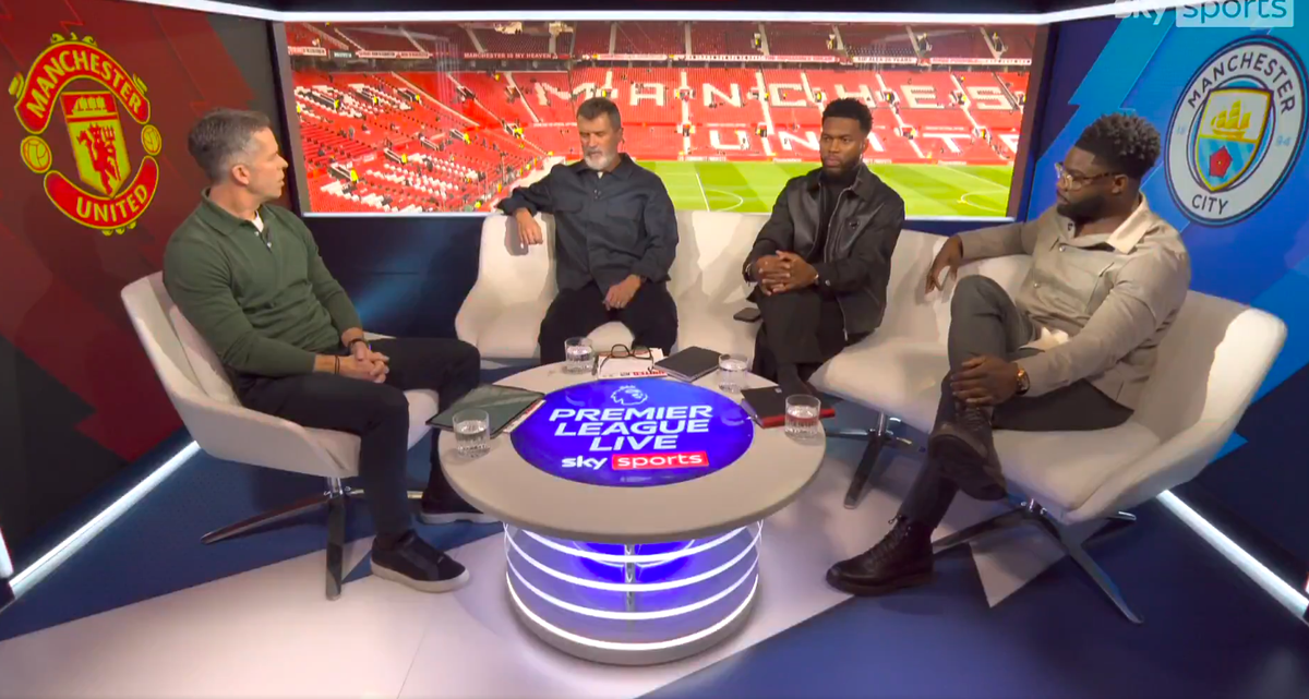 Roy Keane alongside Daniel Sturridge and Micah Richards on Sky Sports. 