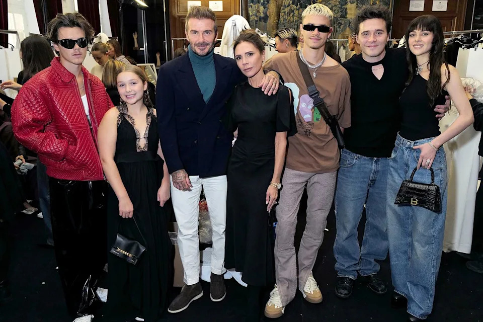 Darren Gerrish/WireImage Cruz Beckham, Harper Beckham, David Beckham, Victoria Beckham, Romeo Beckham, Brooklyn Beckham and Nicola Peltz Beckham attends the Victoria Beckham Spring/summer 2023 Runway show on September 30, 2022 in Paris, France.