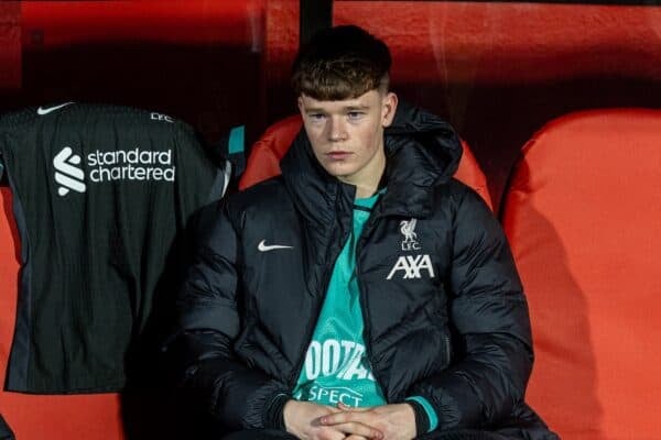 GIRONA, SPAIN - Tuesday, December 10, 2024: Liverpool's James McConnell on the bench before the UEFA Champions League game between Girona FC and Liverpool FC at the Estadi Montilivi. Liverpool won 1-0. (Photo by David Rawcliffe/Propaganda)